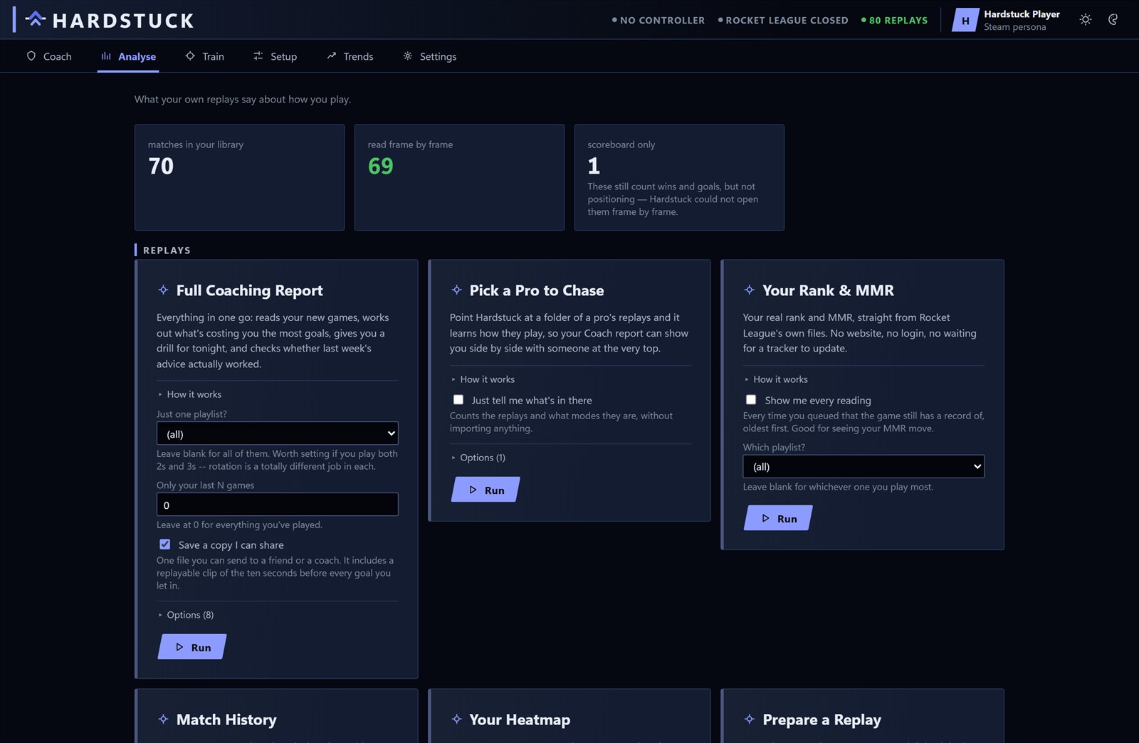The analyse screen with cards for a full coaching report, picking a pro to chase, and reading your rank and MMR.