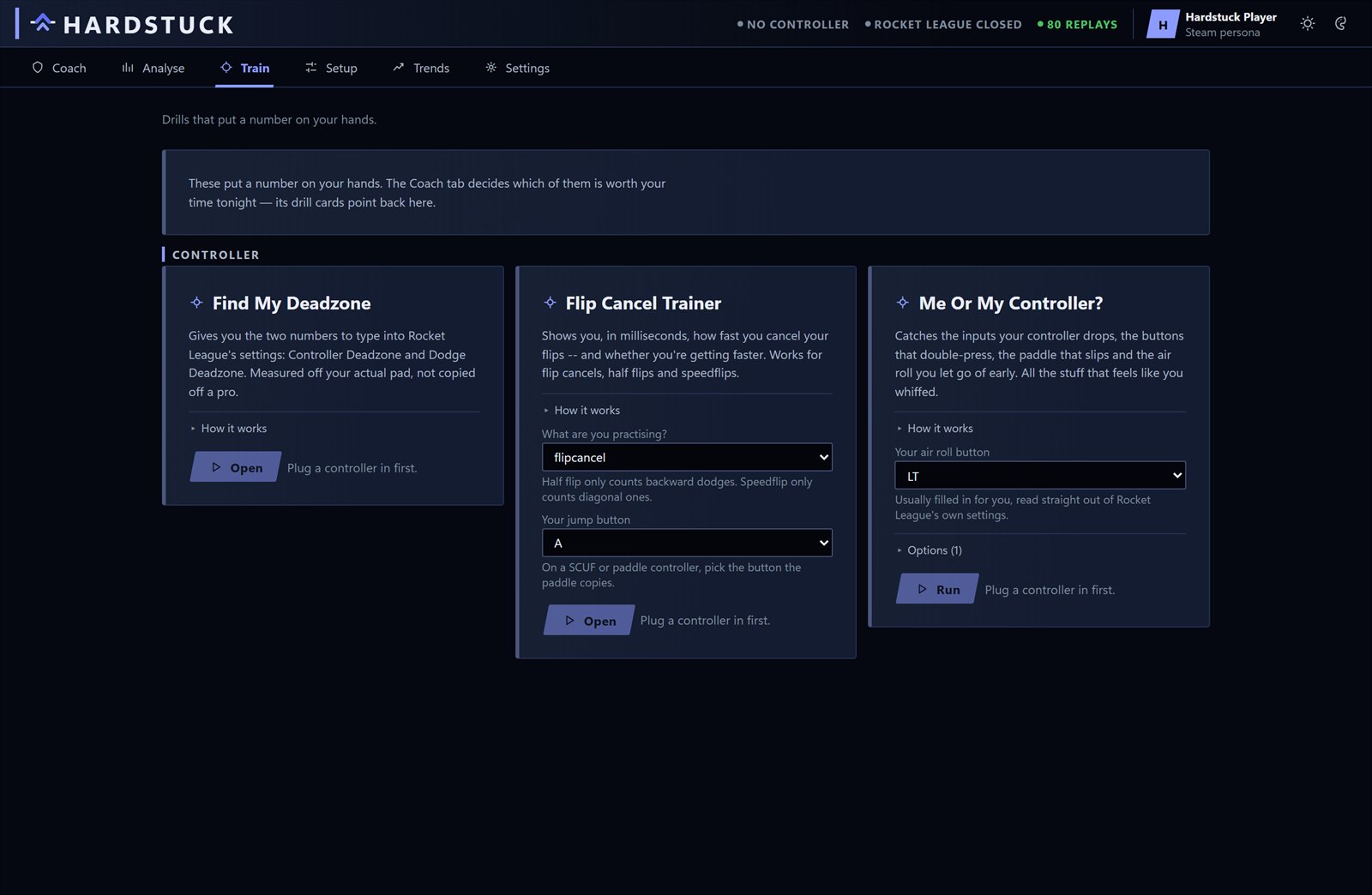 The train screen with controller tools: find my deadzone, flip cancel trainer, and an input drop checker.