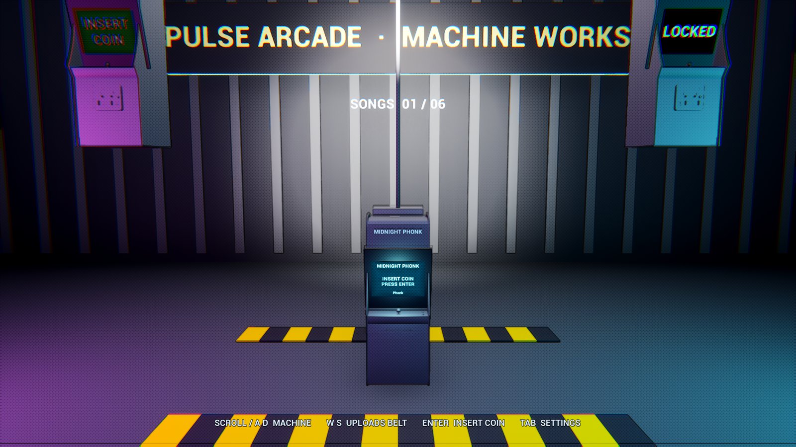 The Pulse Range arcade: a lit hall with a sign reading Pulse Arcade, Machine Works, and neon cabinets sitting on a conveyor belt.