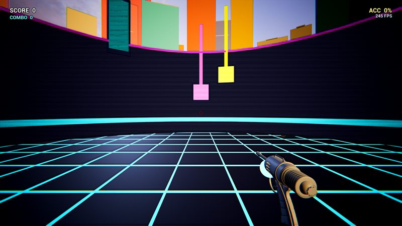 Pulse Range gameplay with a cyan grid floor and a bright comic city skyline on the horizon.