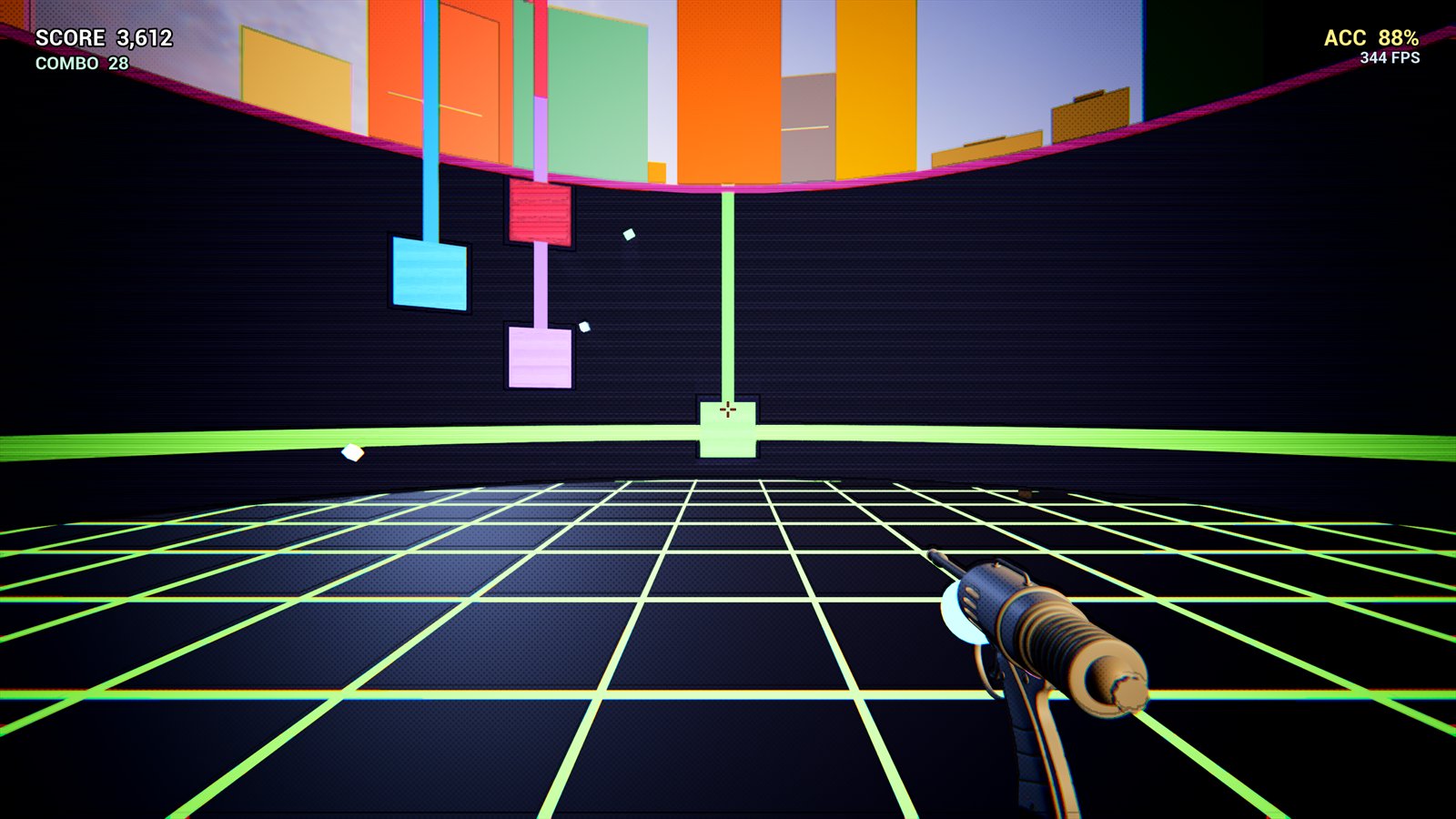 Pulse Range gameplay: coloured blocks falling towards a neon green timing line over a glowing grid floor, with score and combo counters.