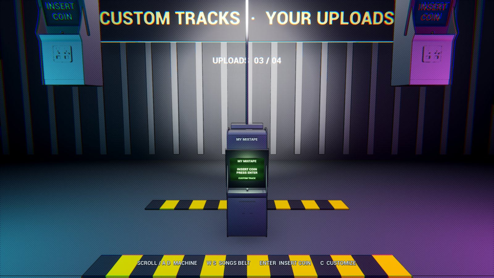 The custom tracks section of the arcade, headed Custom Tracks, Your Uploads, with a cabinet whose marquee reads My Mixtape and a screen reading Insert Coin.